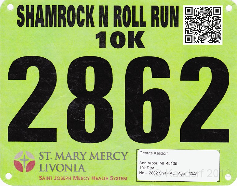 2013-03-17 Shamrock N Roll 01.jpg - On the bib is the bar code for the race results. Just scan it with a smart phone QR reader to get your results.
